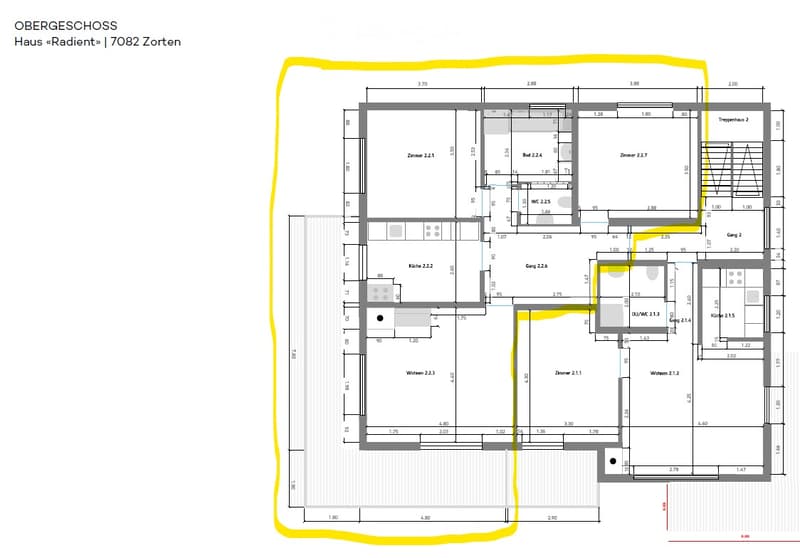 Floor plan of the upper floor of a house labeled "Haus Radient" in Zorten, showing multiple rooms including bedrooms, bathrooms, and a hallway.