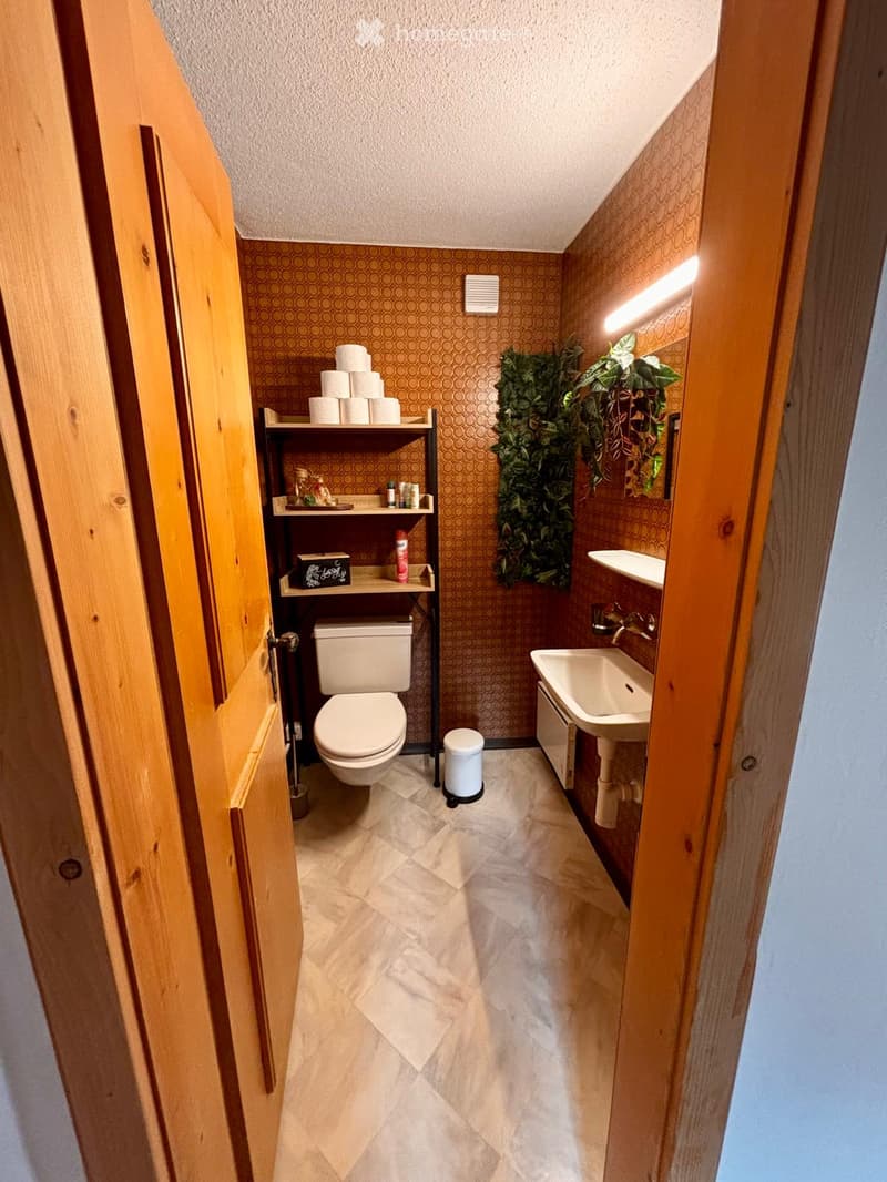 Small bathroom with beige tiled floor, patterned brown walls, toilet, sink, shelf with toilet paper and toiletries, and a decorative plant on the wall.