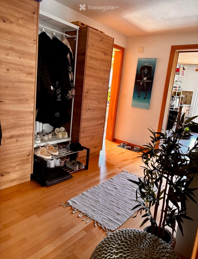 A well-lit hallway with wooden flooring, a shoe rack, a small plant, and a painting on the wall. The hallway leads to another room with visible kitchen elements.
