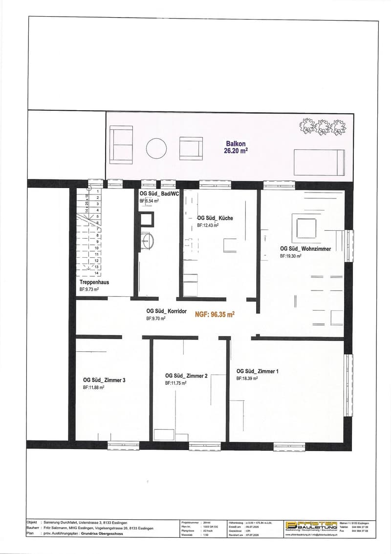 Floor plan of the upper floor showing a living room, kitchen, three bedrooms, bathroom, hallway, staircase, and balcony.