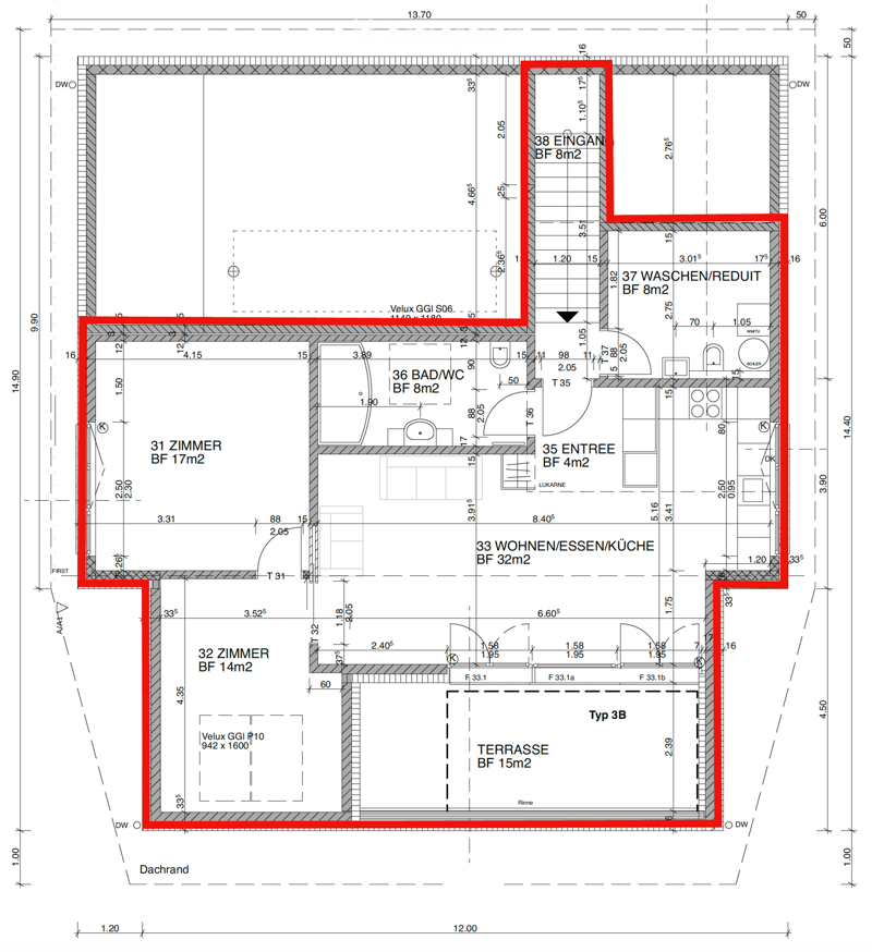 Floor plan showing a layout with labeled rooms including a living/dining/kitchen area, two bedrooms, a bathroom, an entrance, a washing/reduit area, and a terrace.