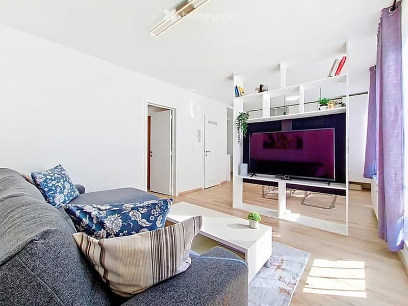 Modern living room with a grey sofa, blue and beige throw pillows, a white coffee table, a TV stand with a flat-screen TV, and a small potted plant on the coffee table. The room features light wooden flooring and white walls.