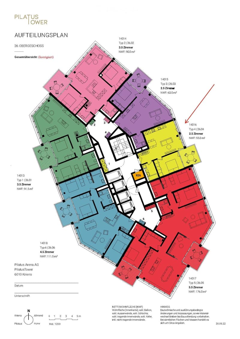 Floor plan of the 26th floor showing multiple apartment units with varying room counts and net living areas.