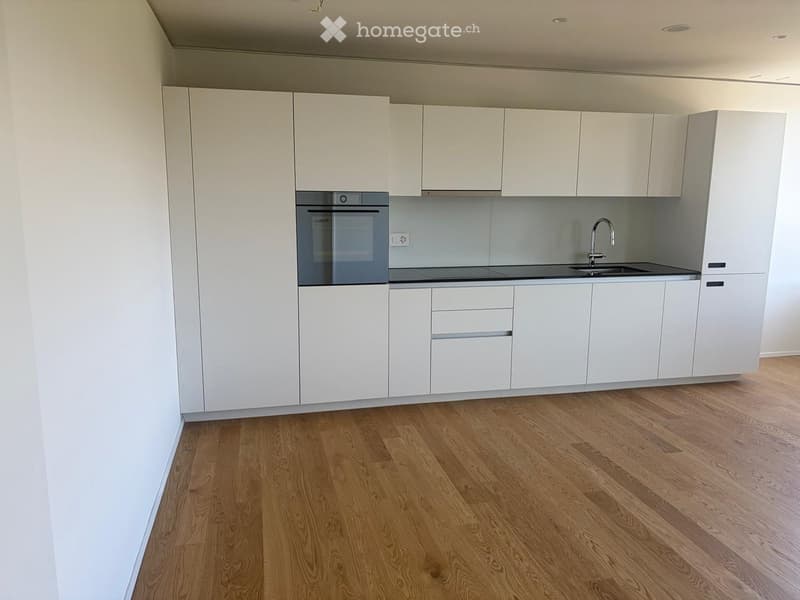 Modern kitchen with white cabinets, wooden flooring, and stainless steel appliances including an oven and a sink with a faucet.