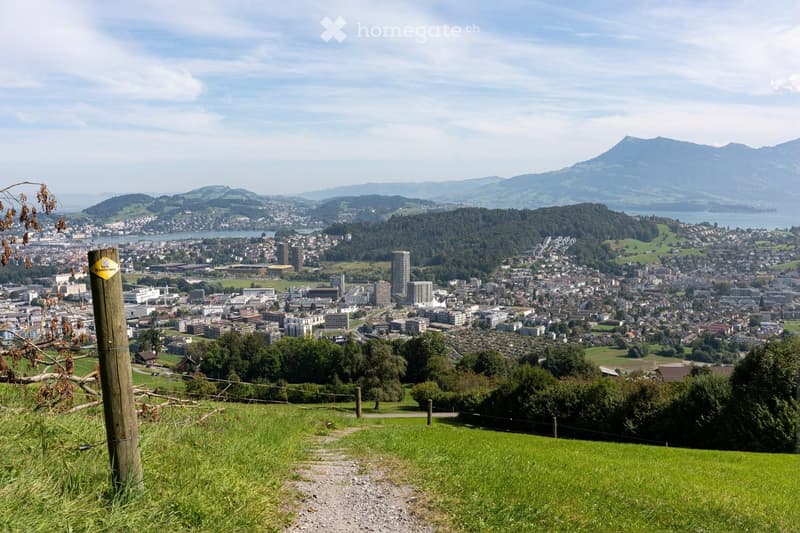 Panoramic view of a cityscape with mountains in the background, featuring a mix of residential and commercial buildings, surrounded by green fields and trees.