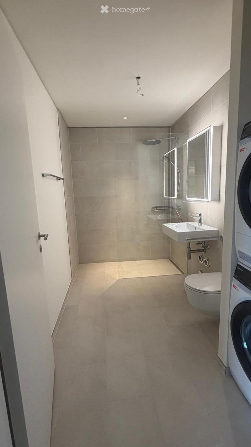 Modern bathroom with a sink, toilet, mirror, shower, and a private washing machine. The space features light-colored tiles and a sleek design.
