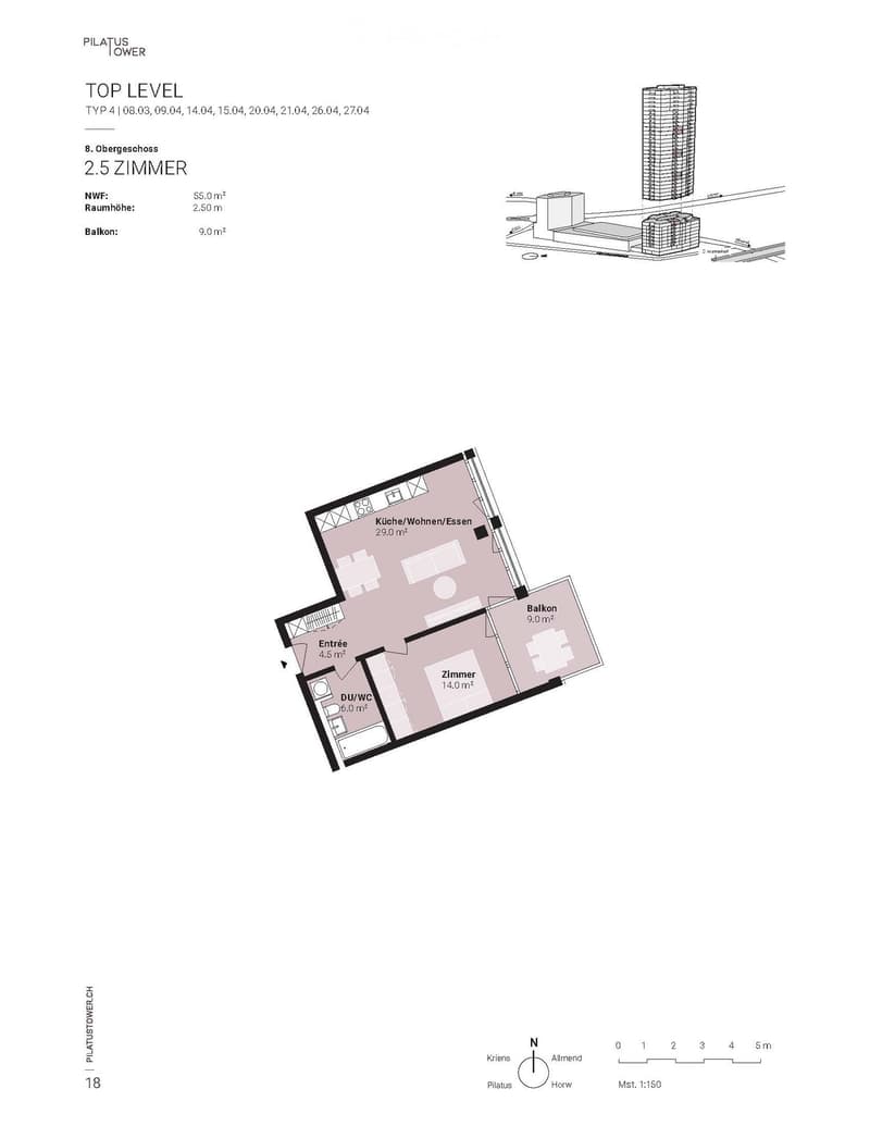 Top level floor plan showing a 2.5-room layout with a kitchen/living/dining area, bedroom, entrance, and bathroom.