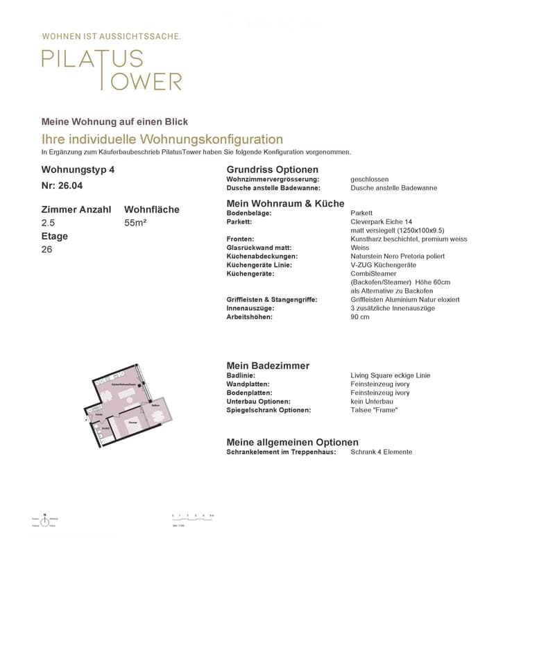 Floor plan of a 55m² apartment with2.5 rooms on the 26th floor, including a kitchen, living/dining area, bedroom, and bathroom.