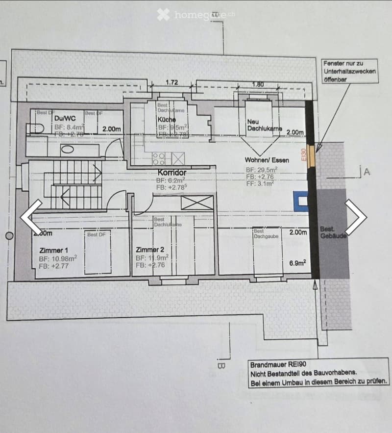 Floor plan showing a layout with a kitchen, living/dining area, two bedrooms, a corridor, and a new attic space. Includes measurements and notes on existing and new structures.