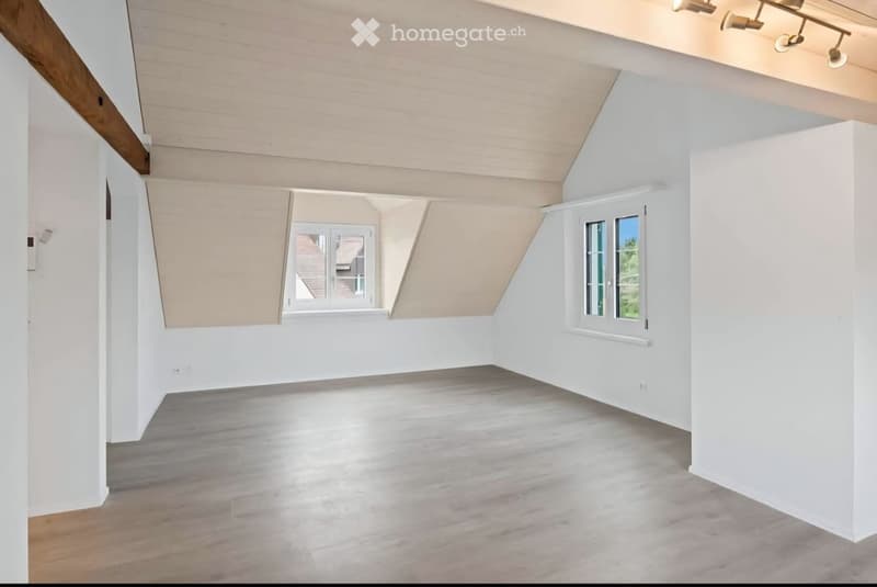 Empty attic room with white walls, wooden floor, and two windows offering natural light. The ceiling has exposed wooden beams and a sloped design.