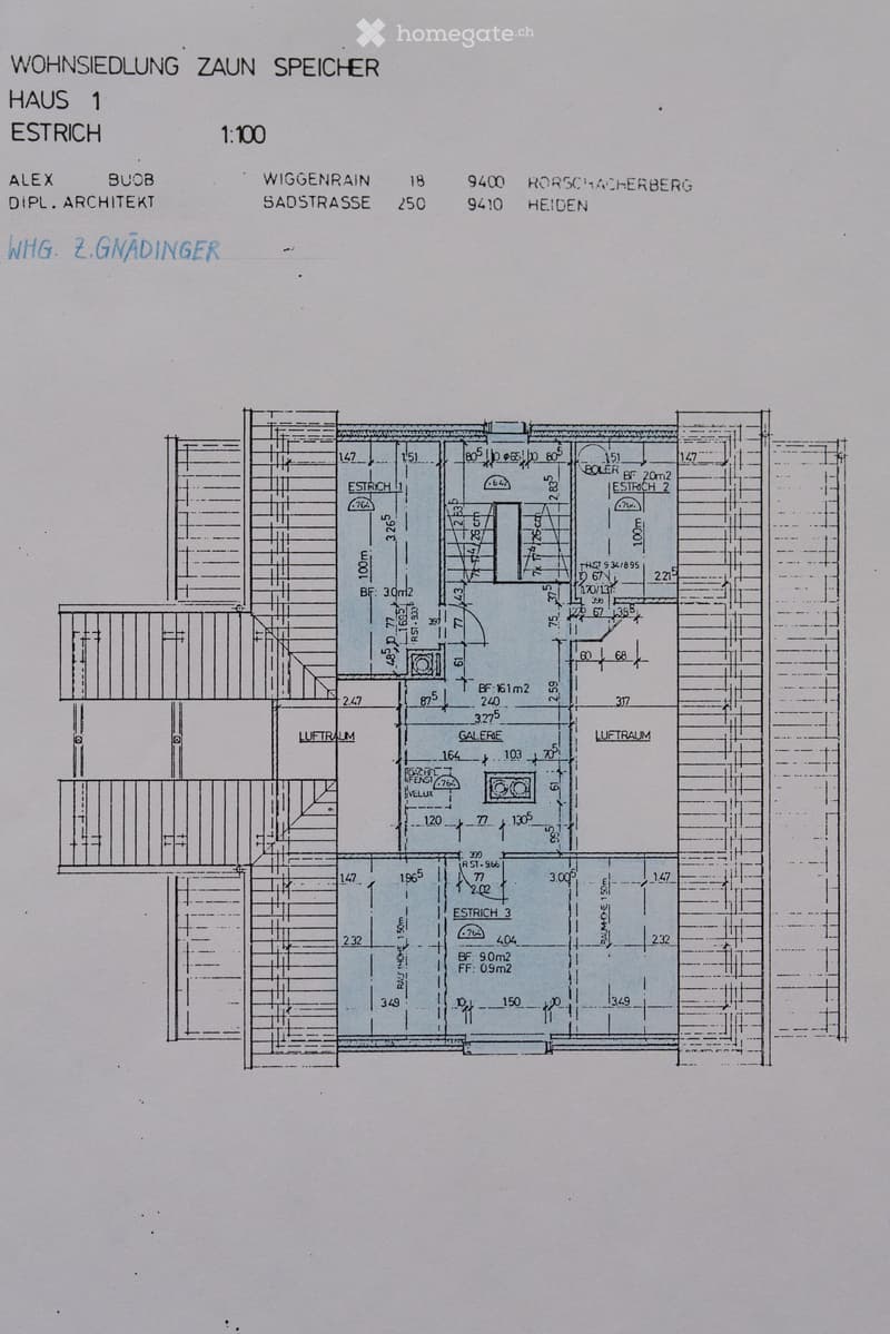Floor plan of a residential building showing multiple rooms and spaces including Estrich 1, Estrich 2, Estrich 3, Galerie, and Luftraum. Dimensions and measurements are indicated throughout.