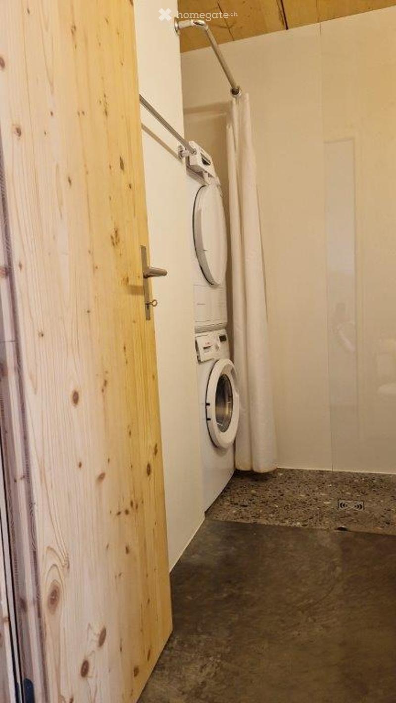 Compact bathroom with a washing machine, shower curtain, and shower rod. The space features a wooden door and a tiled floor.