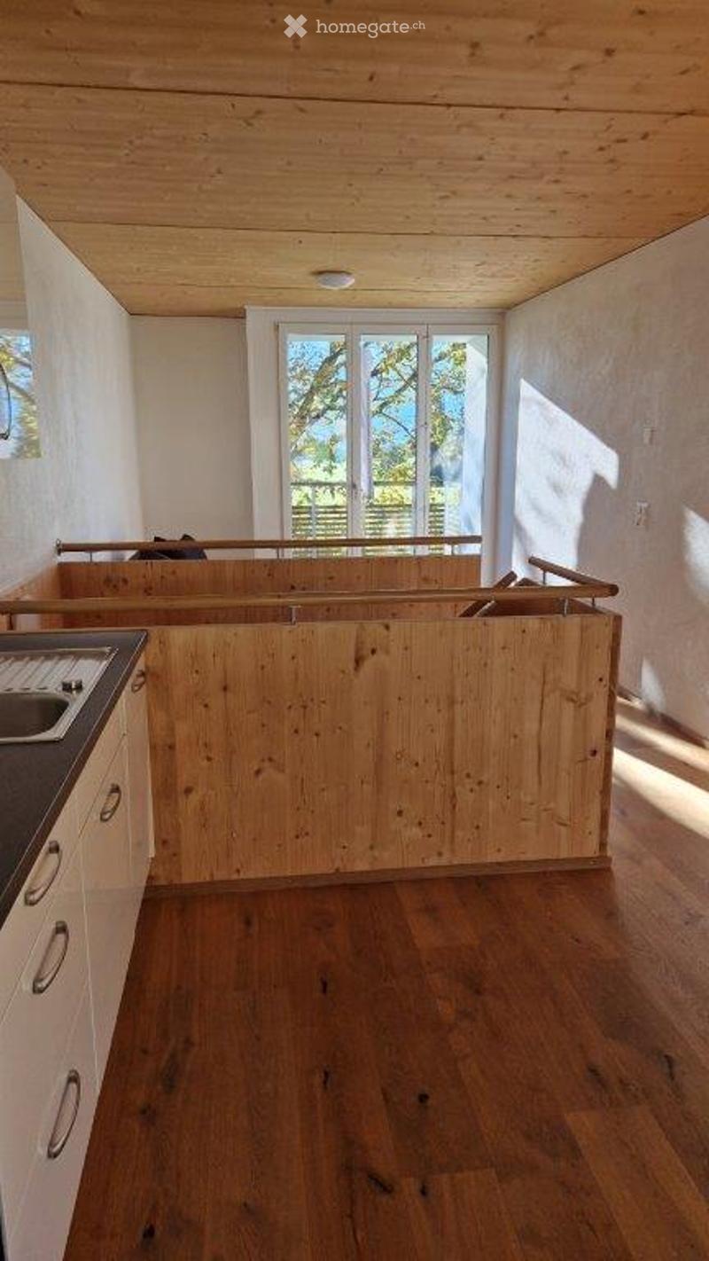 Empty room with wooden floor, white walls, and a large window with a view of the outdoors. There is a partially constructed wooden cabinet or counter with a sink on the left side.