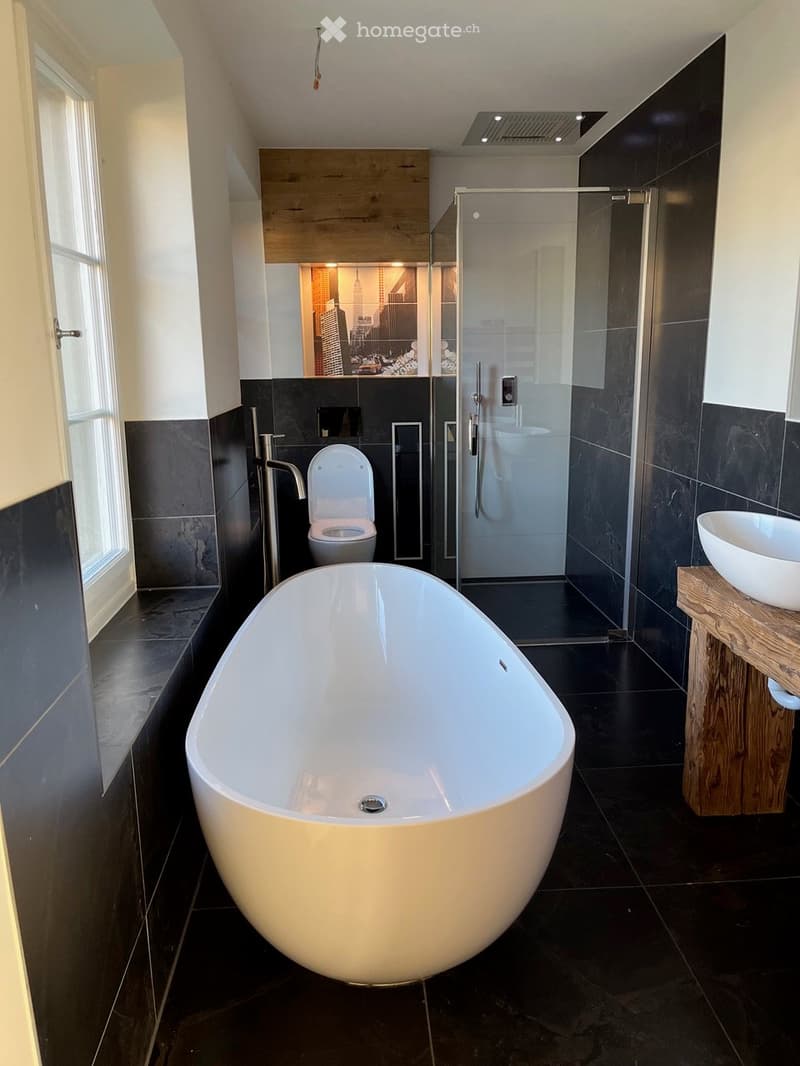 Modern bathroom with a large freestanding bathtub, toilet, sink, and glass-enclosed shower. Dark tiled walls and floor, with a wooden vanity and large windows providing natural light.