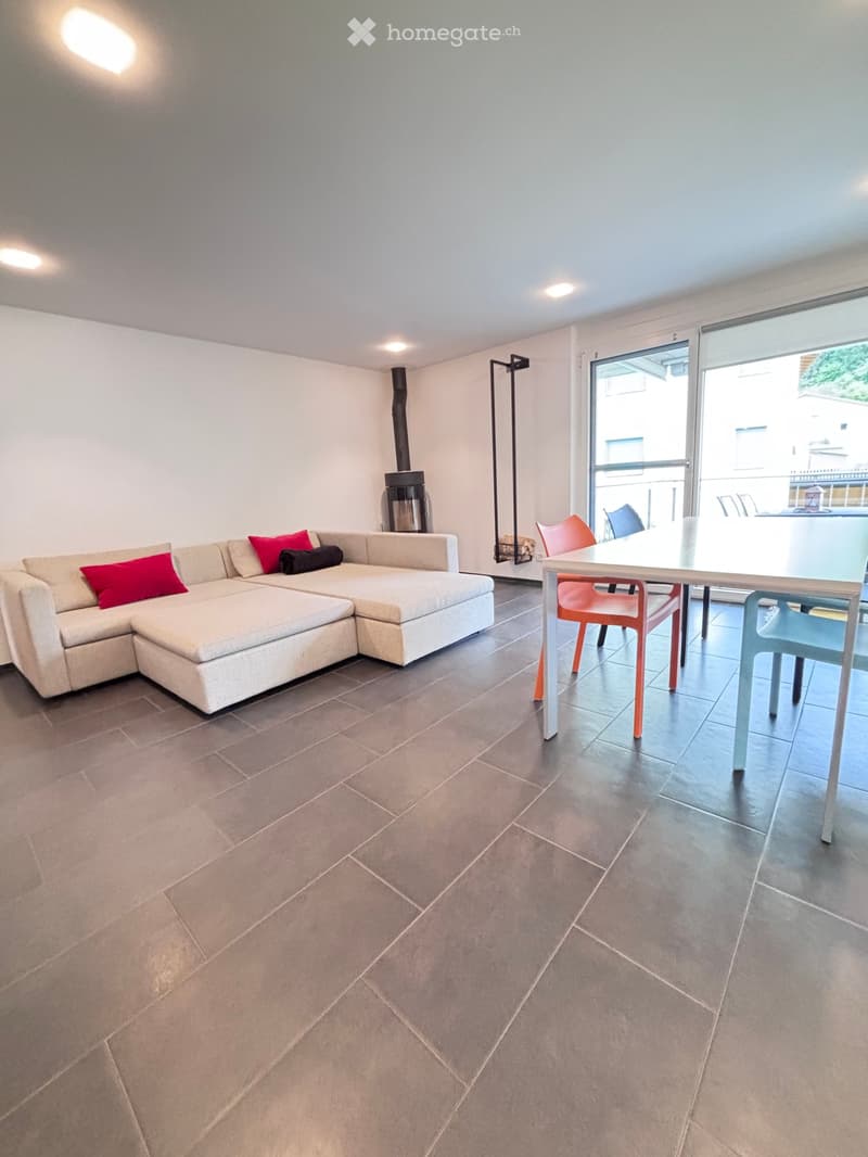 modern style living room, white sofa, dining table, large window, floor to ceiling windows