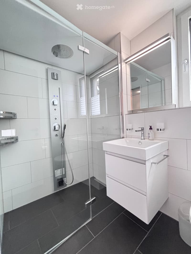 tiled walls, walk-in shower, modern vanity, built-in sink, shower head, mirrors, black floor tiles