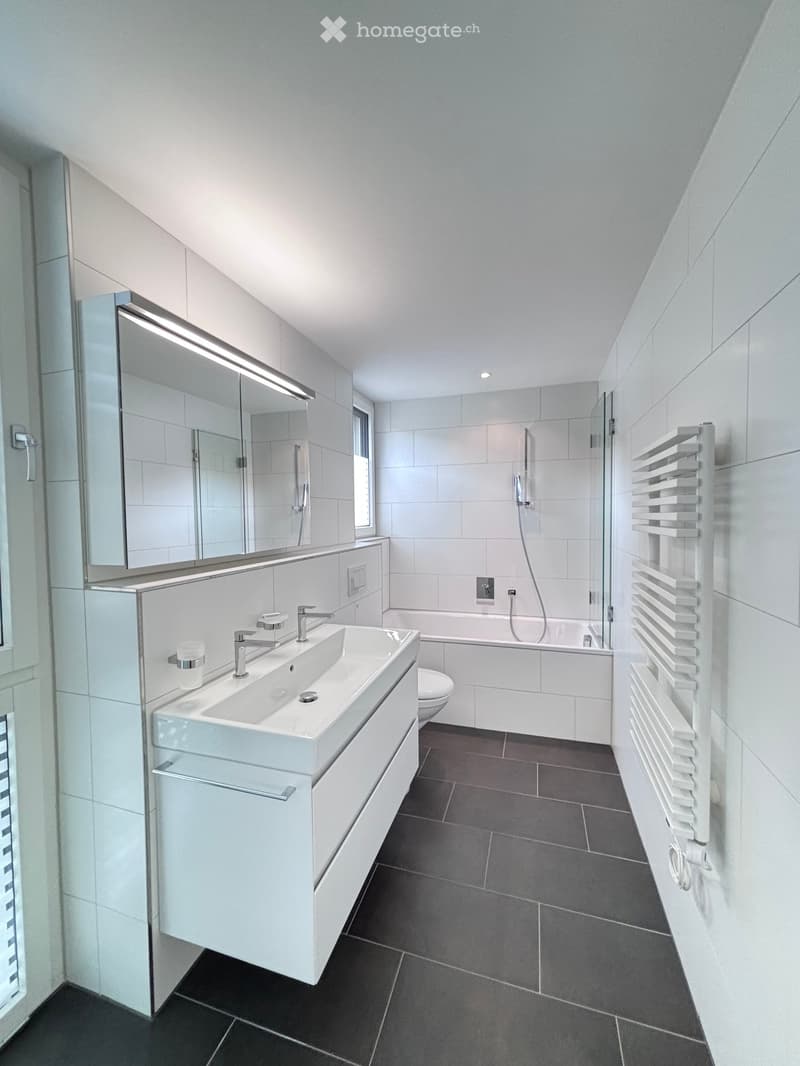 Modern bathroom, white tiles, black tiles on floor, sink, mirror, shower, toilet, bathtub, white radiator