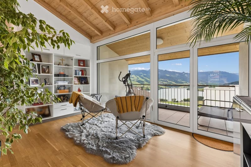 Bright room with wooden floors, large windows offering a scenic mountain view, a shelf with picture frames and books, a furry rug, and a small exercise bike.