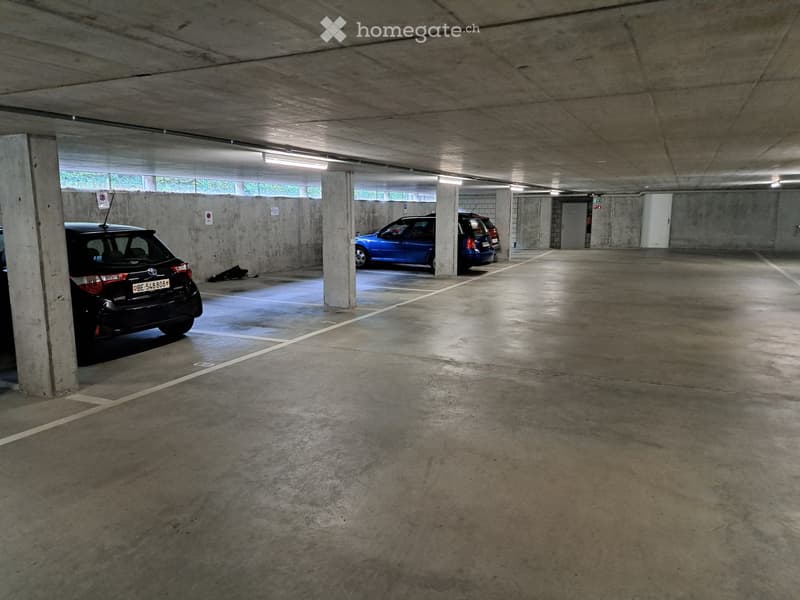 Underground parking area with concrete floors and pillars, several parked cars, and natural light coming from the ceiling windows.