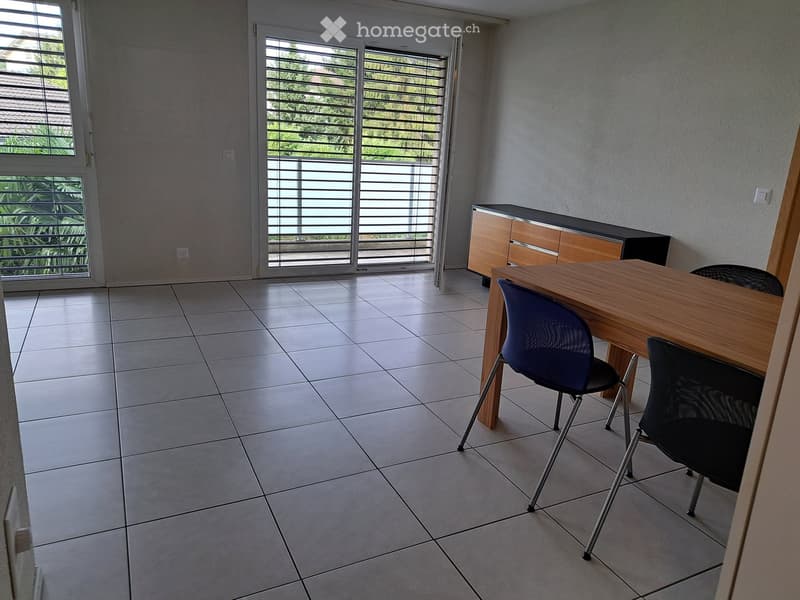 A modern, unfurnished room with tiled flooring, large windows with blinds, a wooden table, two chairs, and a cabinet.