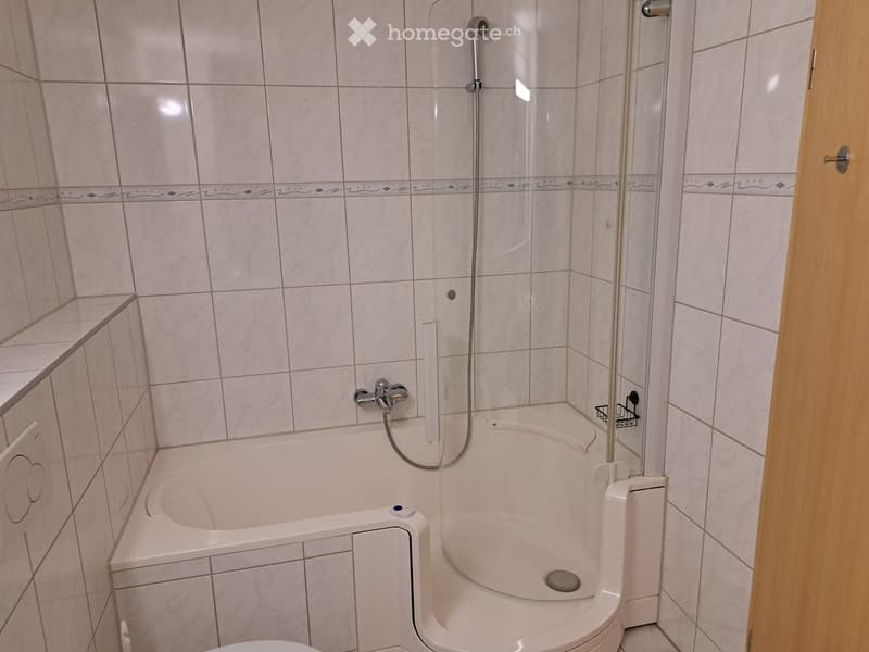 Modern bathroom with a bathtub, shower stall, and tiled walls. Features a glass shower enclosure, a wooden door, and a built-in shelf.