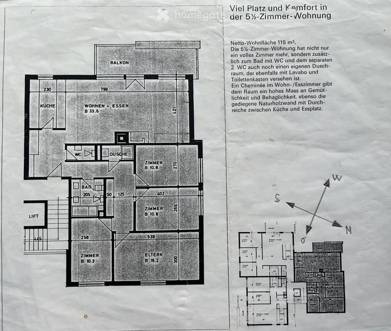 Floor plan of a 5.5-room apartment with kitchen, living-dining area, three bedrooms, bathroom, separate WC, shower room, and balcony.