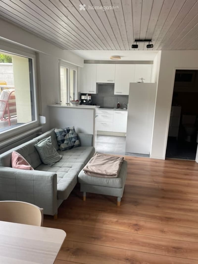 Bright, modern living space with a grey sectional sofa, ottoman, and a small dining area. The kitchen features white cabinets and stainless steel appliances, visible through an open-plan layout. Natural light streams in from large windows.