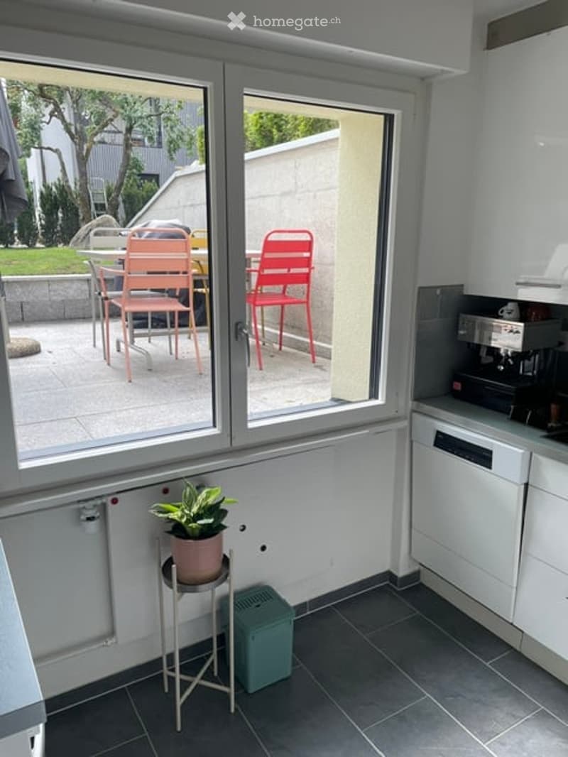 Bright, modern kitchen with large windows offering a view of a patio area. Features a small round stool with a potted plant, a green storage box, a dishwasher, and a coffee machine on the counter.