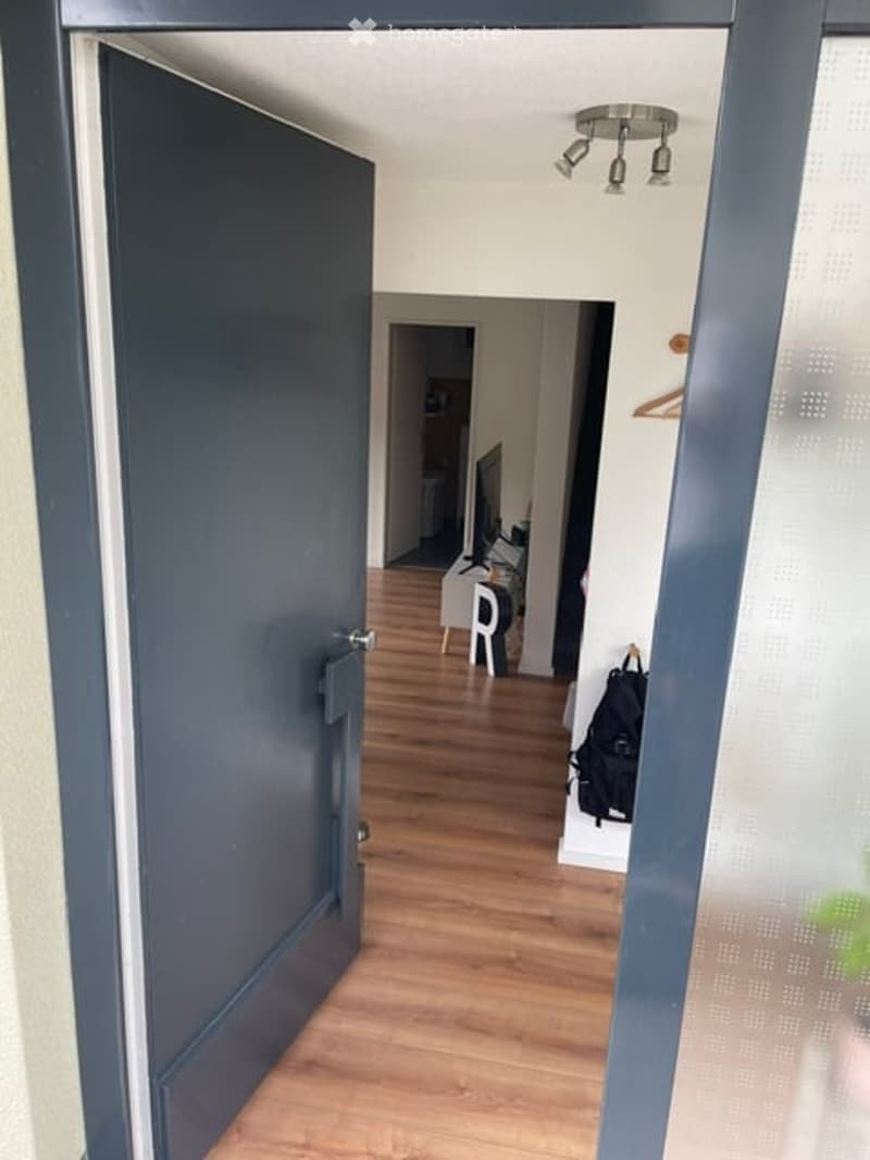 Open doorway leading into a hallway with wooden flooring, visible ceiling light fixture, and a glimpse of a room with a chair and a backpack in the background.