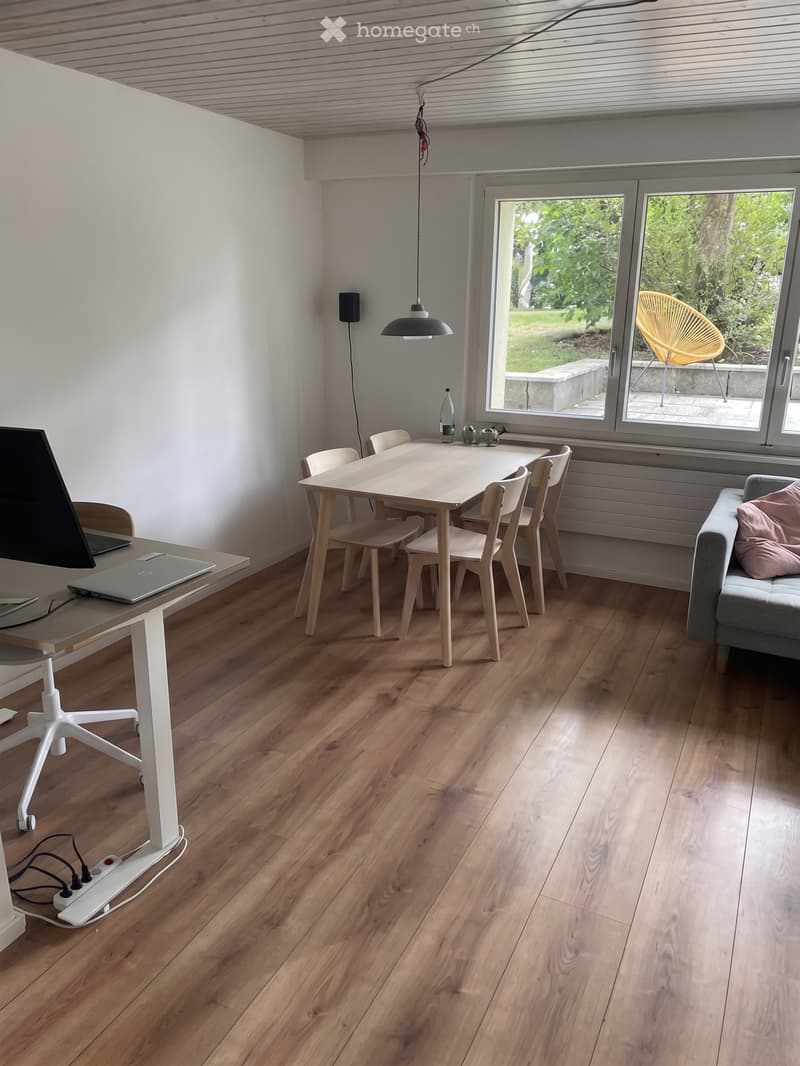 Modern room with wooden flooring, white walls, and large windows. Includes a table with chairs, a laptop, a screen, and a lamp.