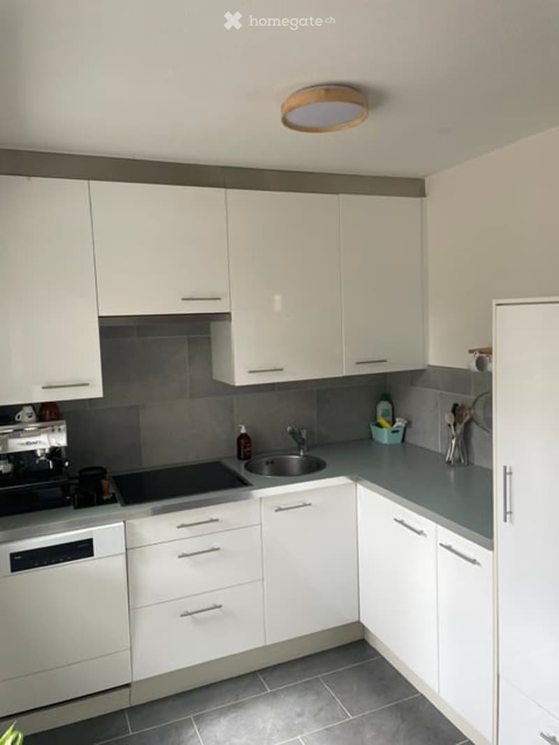 Modern kitchen with white cabinets, grey countertops, and stainless steel sink. Features include a dishwasher, coffee maker, and various kitchen utensils.