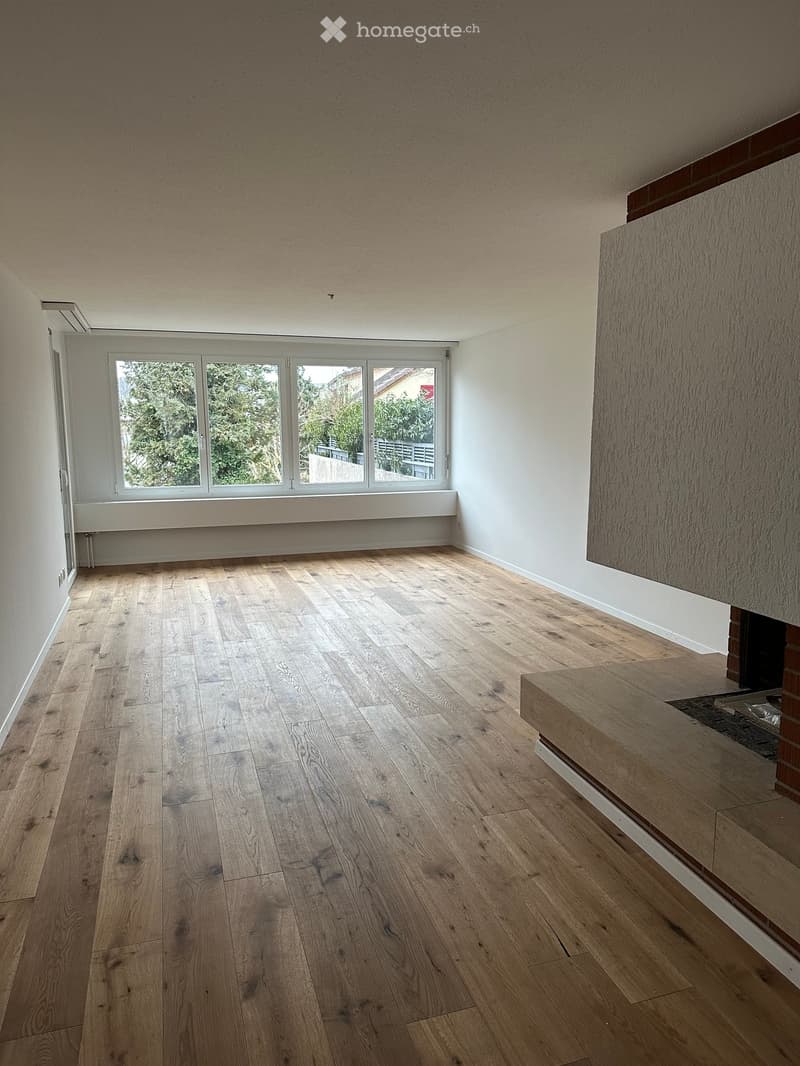 wooden floors, white walls, windows with view, fireplace