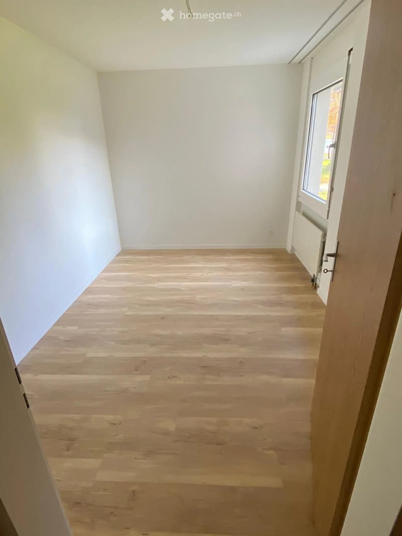 Empty room with light wooden flooring and white walls, featuring a window with a view and a radiator below it.