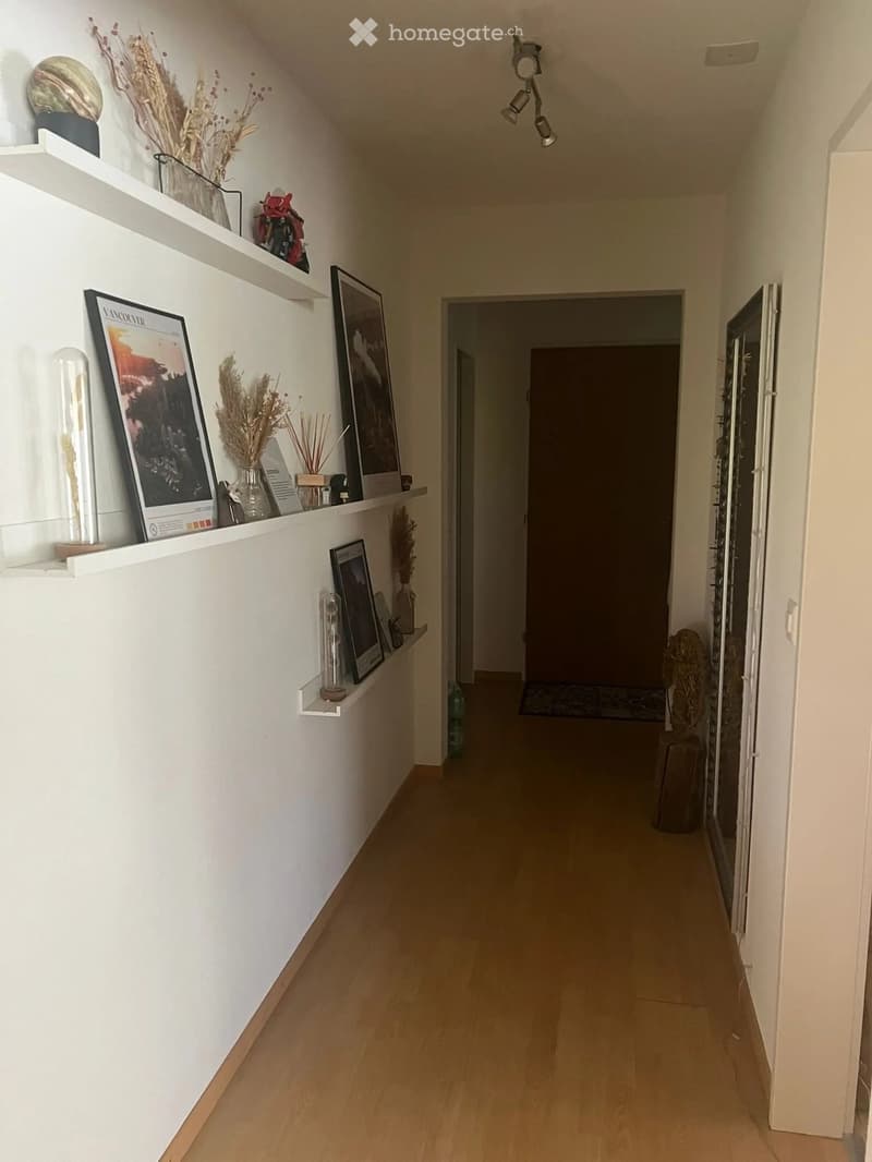 A modern hallway with light wooden flooring, white walls, and built-in white shelves displaying decorative items such as vases, framed pictures, and dried flowers. A door is visible at the end of the hallway.