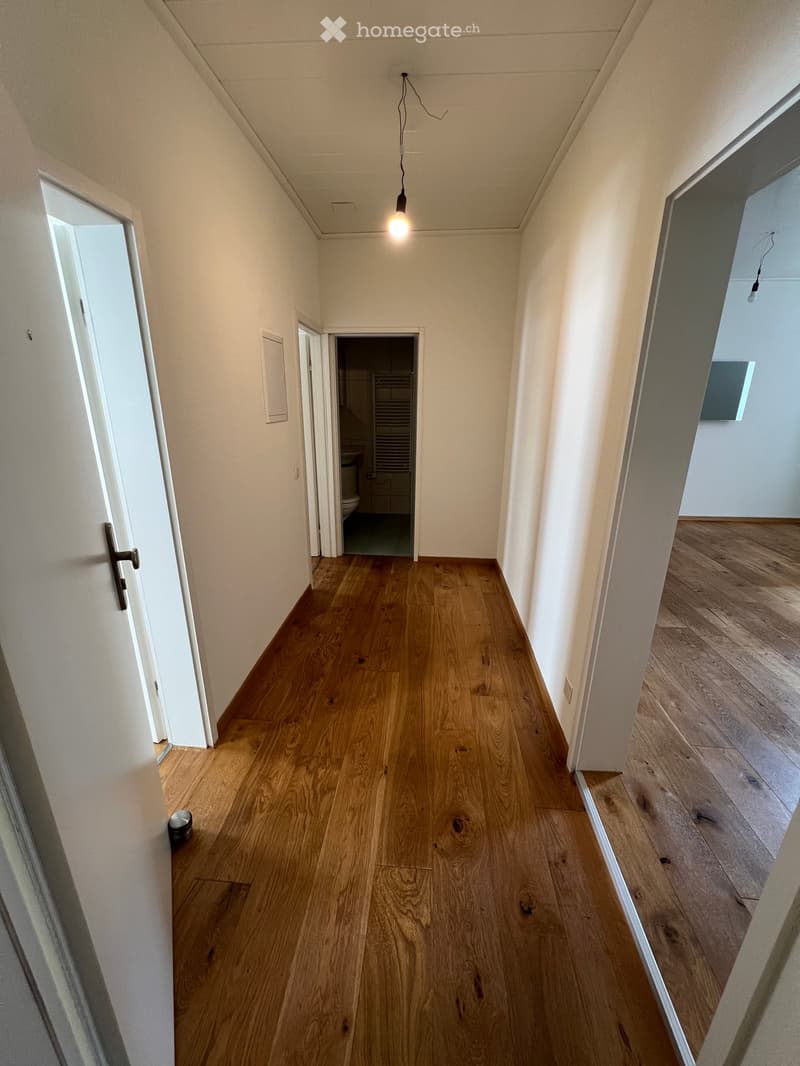 Empty hallway with wooden flooring, white walls, and a single hanging light fixture. Doors lead to adjacent rooms, including a bathroom visible in the background.