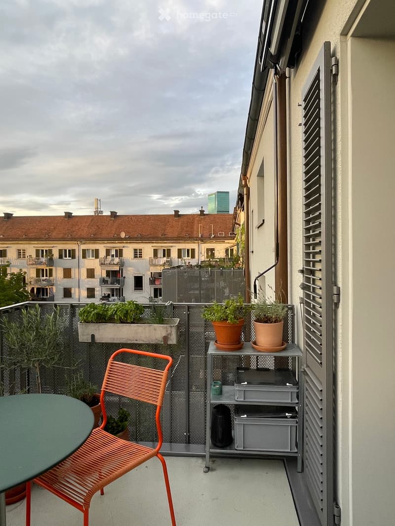 Balcony with a small table, orange chair, potted plants, and a storage unit, overlooking a cityscape with buildings and a cloudy sky.