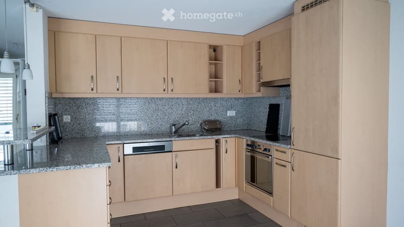 modern kitchen with granite countertops, wooden cabinets, stainless steel appliances, dishwasher, washing machine
