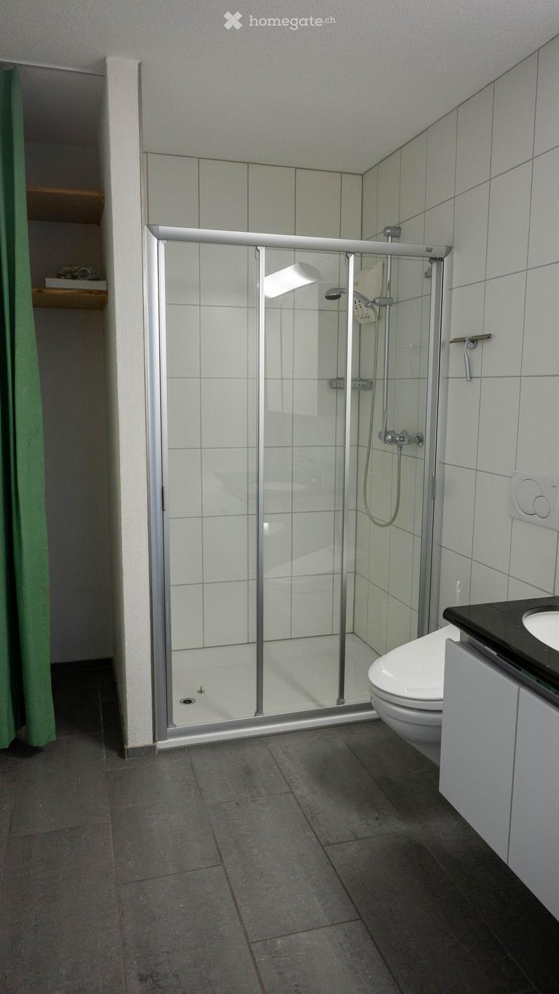white tiled walls, white tiled floor, glass shower enclosure, white toilet, white sink, white cabinets