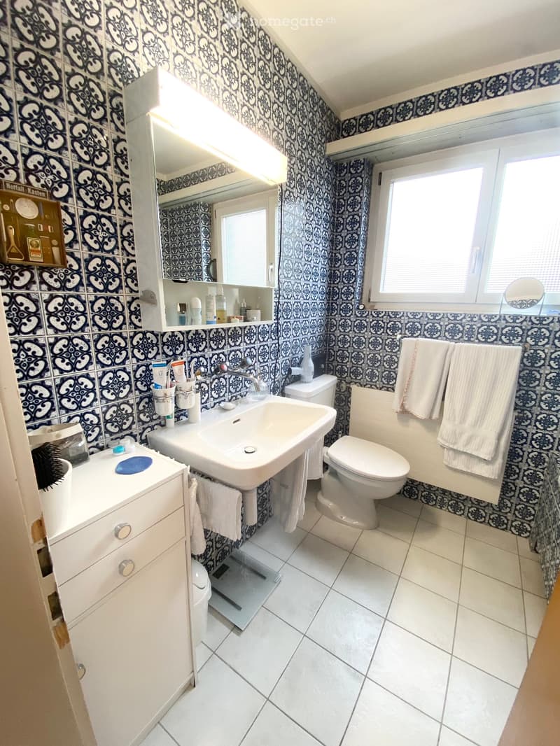 Bathroom with blue and white patterned tiles, a white sink, a toilet, a mirror, and a cabinet with towels.