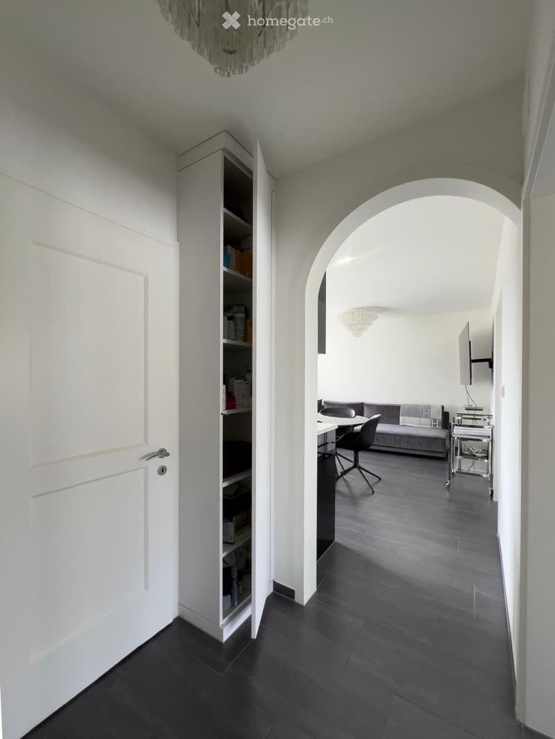 A modern hallway with dark tiled flooring, white walls, and an arched opening leading to a living area. Visible objects include a shelf unit, a door, and a chandelier in the background.