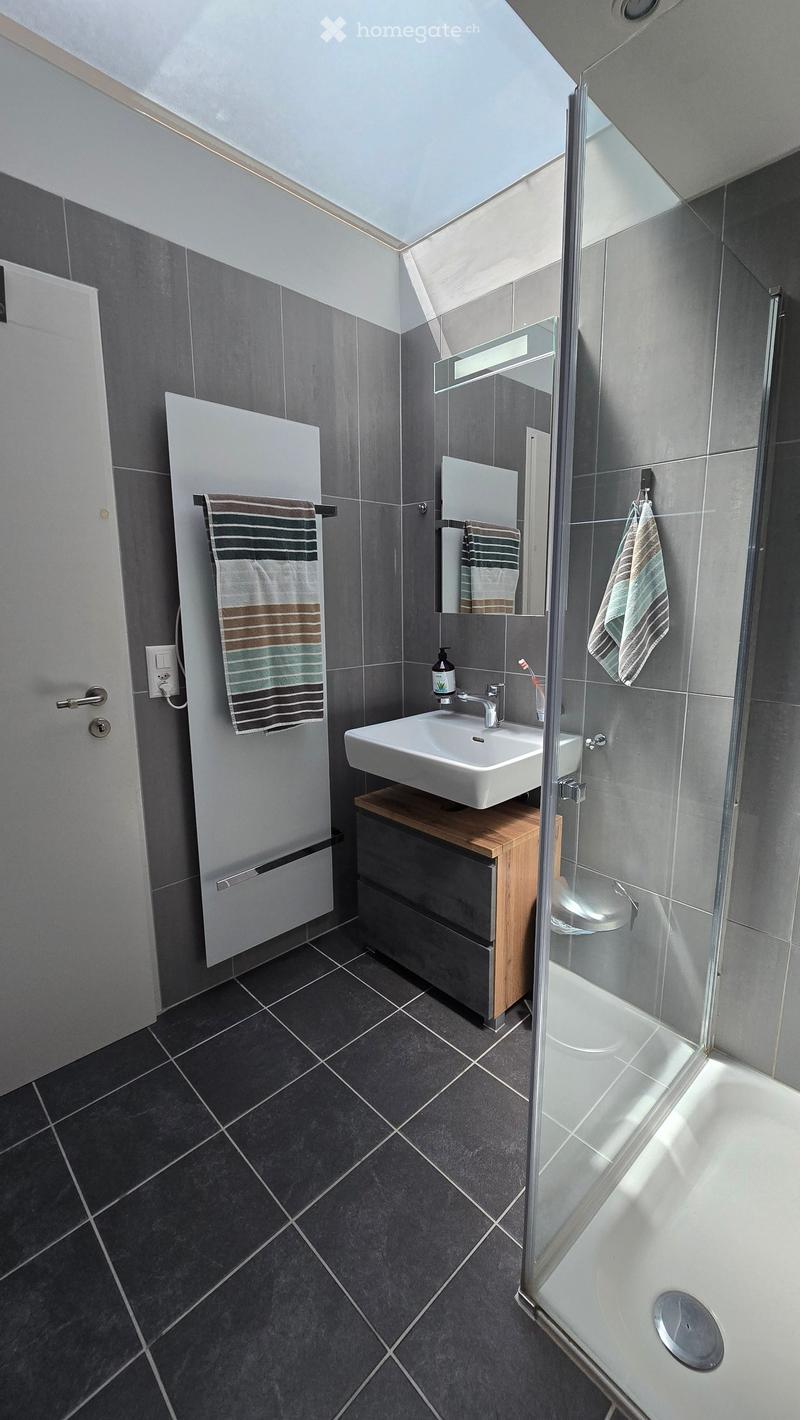 Modern bathroom with dark grey tiles, a white sink on a wooden cabinet, a glass-enclosed shower, and a towel on a heated towel rack.