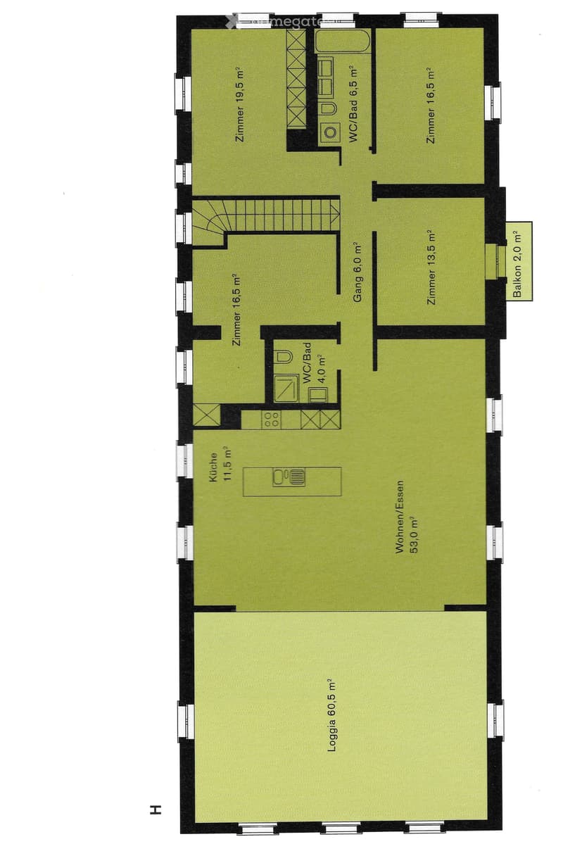 Floor plan showing a living/dining area, kitchen, four bedrooms, two bathrooms, hallway, and balcony.