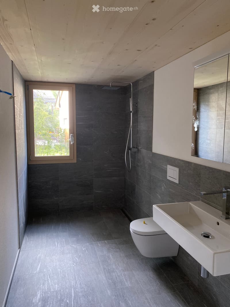 Modern bathroom with dark grey tiles, white toilet, sink, and shower area. Features a large mirror and a window with a view of greenery.