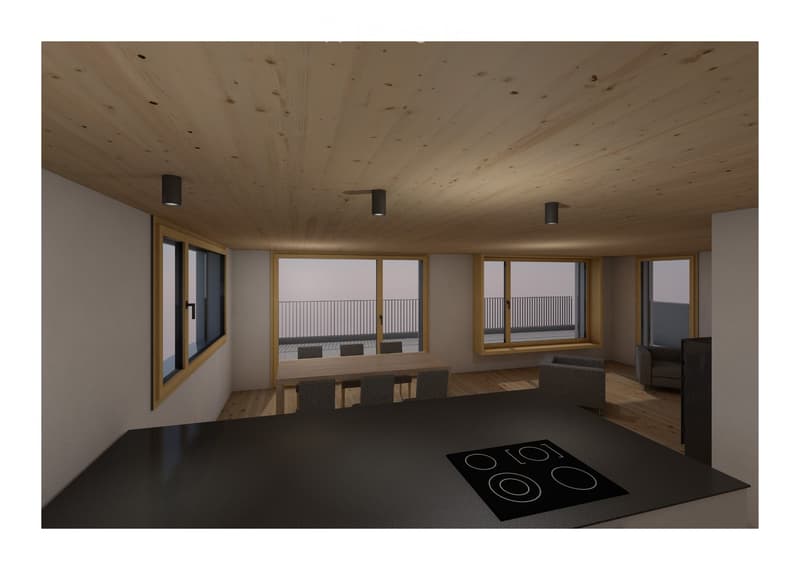 Open-plan living and dining area with wooden ceiling, large windows, and a balcony view. Includes a dining table with chairs, a sofa, an armchair, and an induction cooktop.