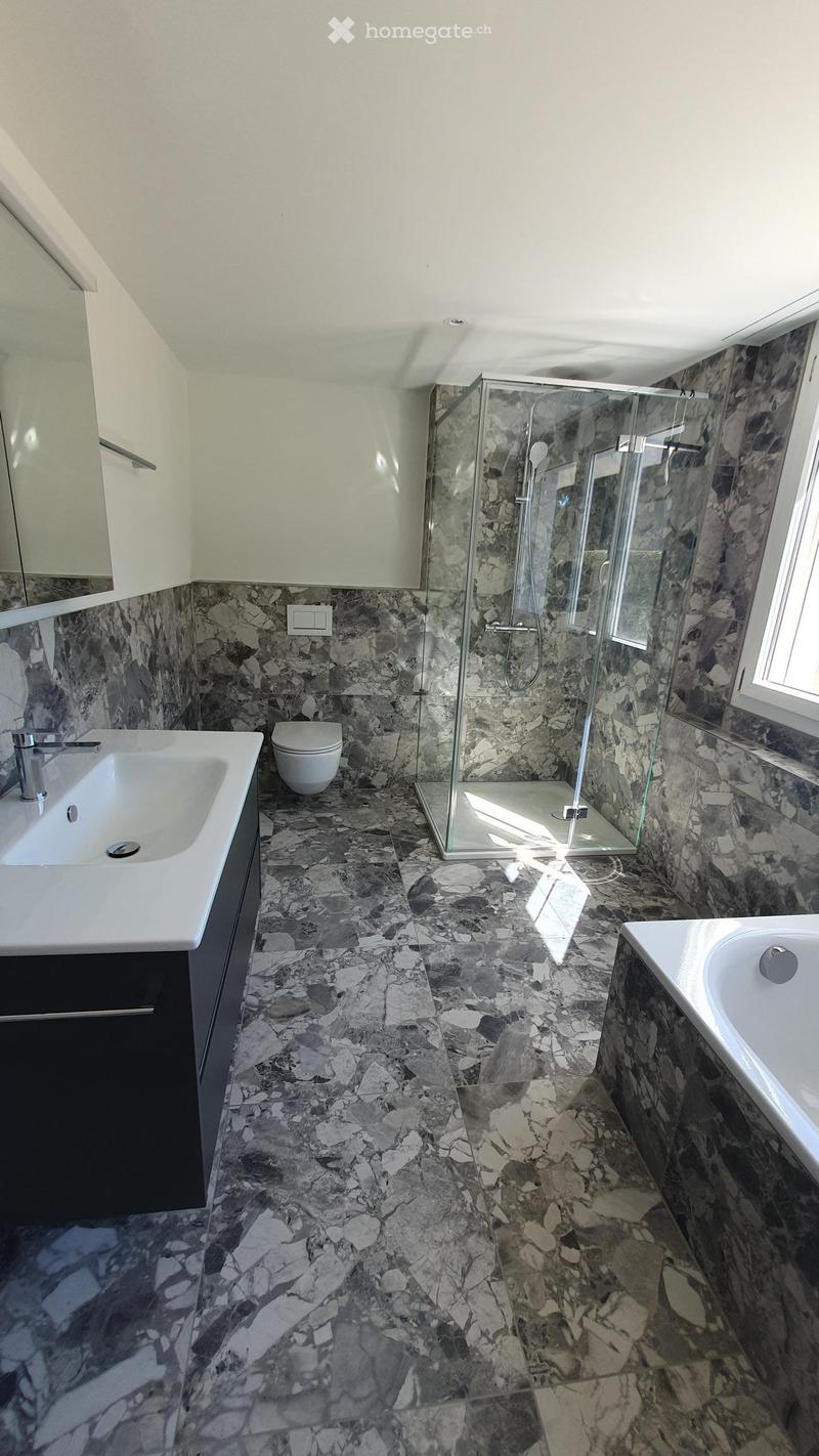 Modern bathroom with marble tiles, a large sink, toilet, bathtub, and a glass-enclosed shower area.