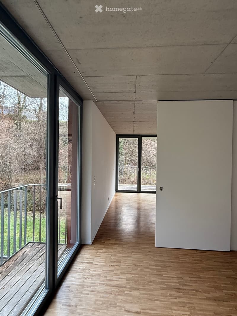 Modern hallway with wooden flooring, large windows, and a balcony area visible through the glass doors.