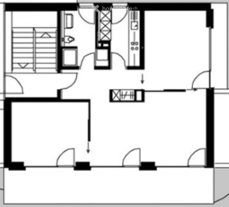 Floor plan of a 2-bedroom, 2-bathroom apartment with an open living and dining area, a kitchen, and a hallway leading to the bedrooms and bathrooms.