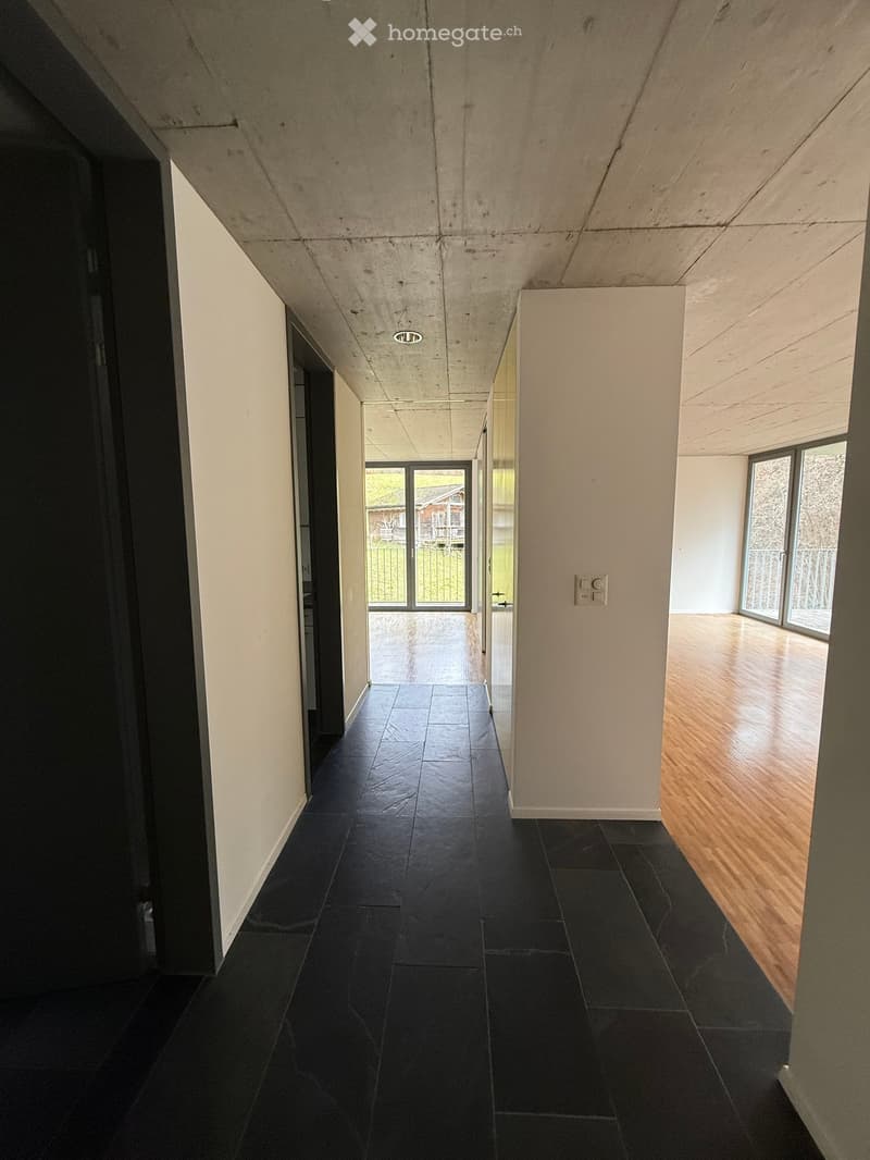 Modern hallway with dark tiled floor, white walls, and large windows leading to an outdoor area.