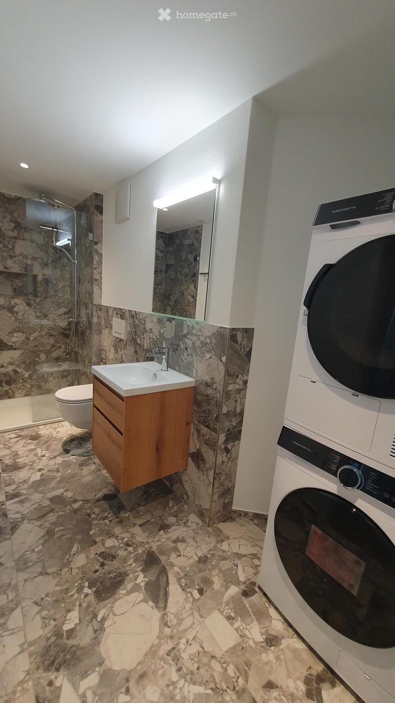 Modern bathroom with marble tiles, a sink with wooden cabinet, toilet, mirror, and a washing machine.