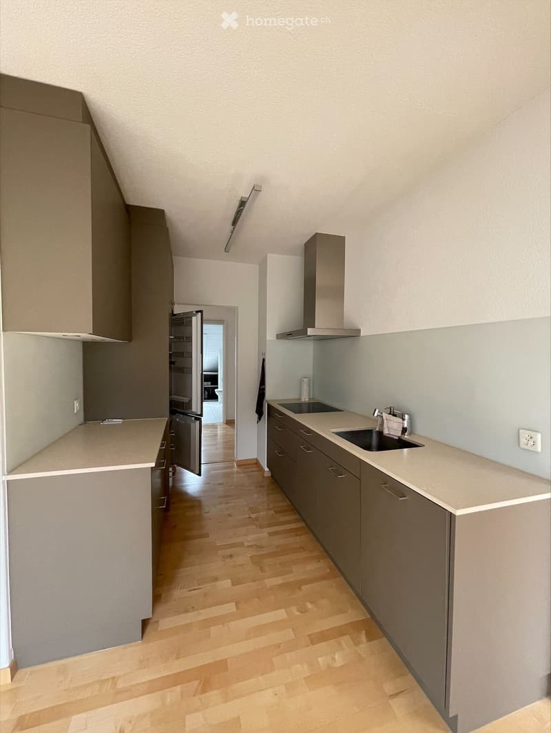 Modern kitchen with light grey cabinets, a double sink, a refrigerator, and a range hood. The floor is made of light wooden planks.